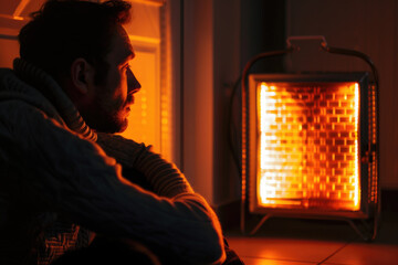 Elderly person indoors using additional heating devices due to extreme cold temperatures.


