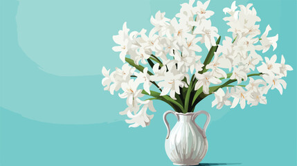 Beautiful white hyacinth flowers in vase on turquoise