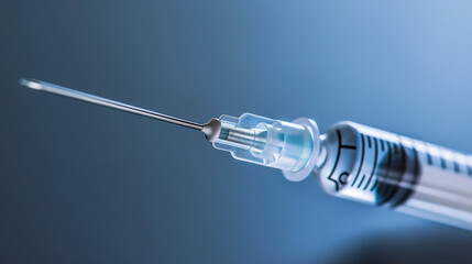 A macro photograph capturing a syringe with a needle on an electric blue background. The transparent material of the syringe highlights the engineering and science behind the liquid delivery system