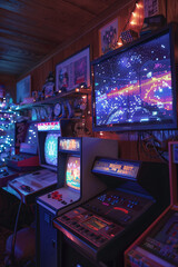 Retro gaming night, vintage consoles, pixel art on screens, nostalgic, side view, fun throwback digital party atmosphere