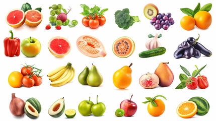 Obraz premium A mix of various fruits and vegetables like Plum tomatoes, cherry tomatoes, and oranges are displayed on a white background. These natural foods are perfect ingredients for any recipe or cuisine
