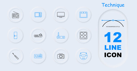 Appliances set icon. Radio, TV, monitor, computer, stove, microwave, robot cleaner, electronic scales, refrigerator, electronic toothbrush, projector, oven, neomorphism. Modern technology concept.