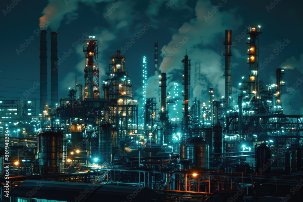 Poster a nighttime view of illuminated pipelines at an oil refinery.
