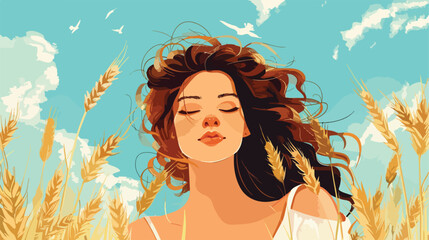 Beautiful woman with wheat spikelets on sky background