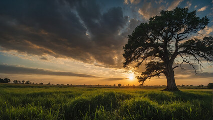 A lone oak tree with a lush crown on the field in the rays of the setting sun and light evening fog. - Powered by Adobe