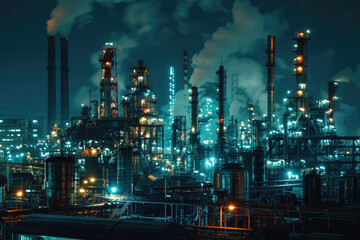 A nighttime view of illuminated pipelines at an oil refinery.

