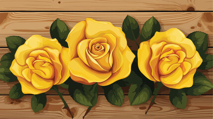 Beautiful yellow roses on wooden background Vector illustration