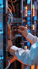 An engineer's hands examining a large data server hard disk, set in a tech-heavy industrial environment, representing critical infrastructure maintenance, super realistic