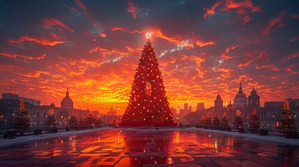 Large Christmas tree illuminated against a vibrant sunset sky, with the historic Metropolitan Cathedral in the background.