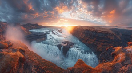 Panoramic view of a majestic waterfall under a sunset sky. The dramatic clouds and the lush, golden terrain highlight nature's beauty.