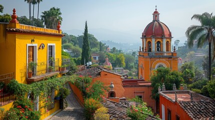 Naklejka premium Colorful town of San Miguel de Allende, featuring the famous Parroquia de San Miguel Arcángel and traditional Mexican architecture surrounded by lush greenery.