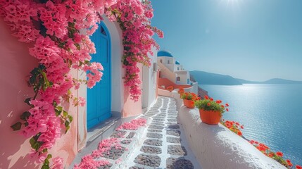 Fototapeta premium Beauty of Santorini in the morning. This vibrant image showcases blue doors, bright pink flowers, and iconic whitewashed buildings.