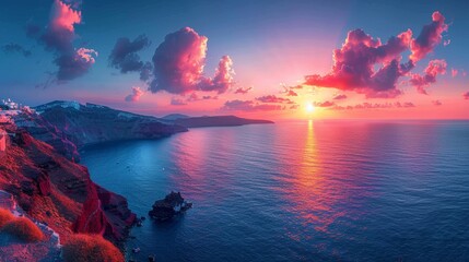 Captivating panoramic view of Santorini Island at sunrise featuring majestic clouds and a serene...