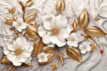 a floral design with white flowers and gold leaves.
