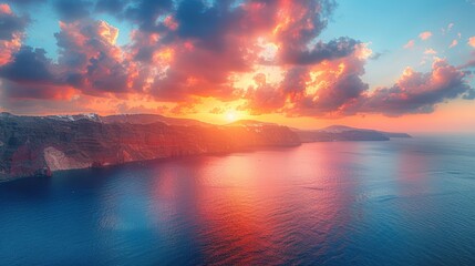 Sunrise in Santorini, featuring vibrant sky colors, serene sea views, and the iconic island cliffs...