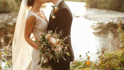 Sunset Kiss by the River on Wedding Day