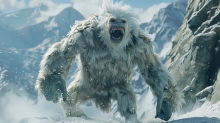  Fierce mythical snow beast yeti roaring in a snowy mountain landscape