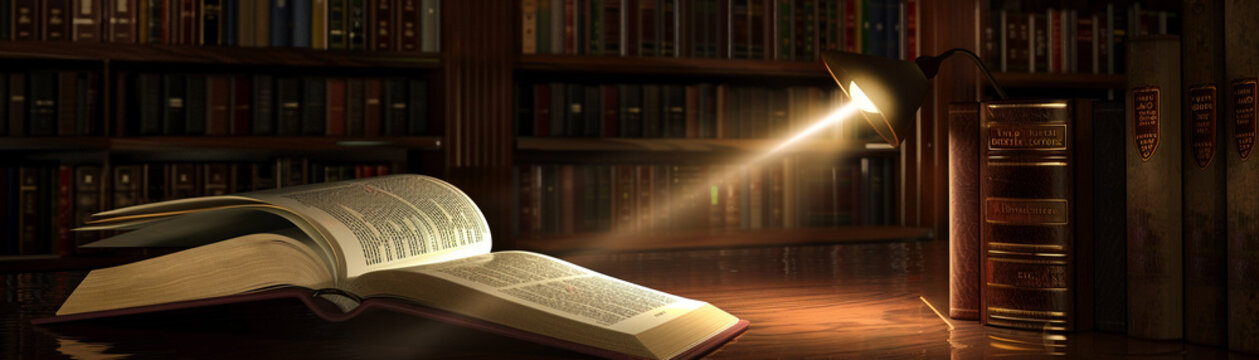 Dim library corner, a Bible illuminated by a single beam of light, inviting a mysterious discovery, super realistic