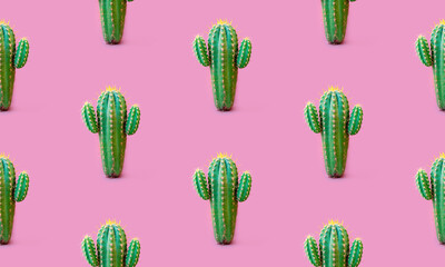 Seamless pattern with rows of cacti standing against pink background. Creative and trendy summer tropical concept. 3d style print	