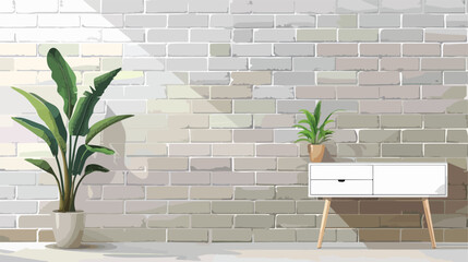 White table with drawer and houseplant near grey bric - obrazy, fototapety, plakaty