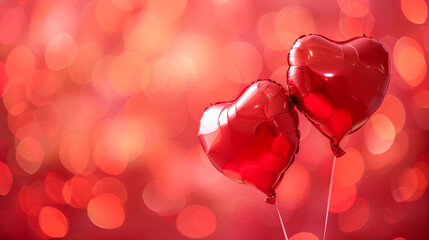 Valentine background with red balloon hearts on a red bokeh background