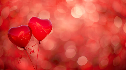 Valentine background with red balloon hearts on a red bokeh background