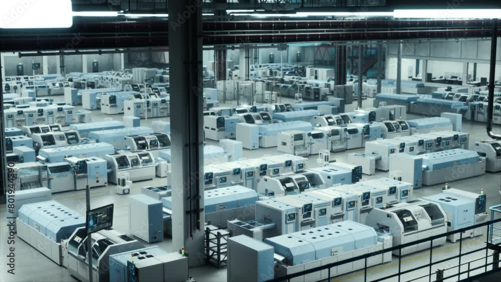 Poster High-Tech Manufacturing And Electronics Production Factory, Featuring Advanced Robotics And Automation Technology In A Spacious Industrial Environment, Digitalization And Automation. Wide Shot