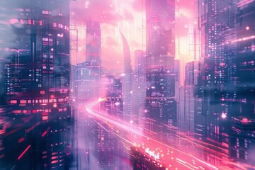 A futuristic cityscape with holographic elements for a trendy wallpaper