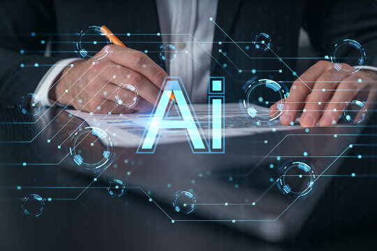 Woman typing on laptop at office workplace in background. Concept of working process, internet surfing, online business education. Student send e-mail. Close up view. Hands Shot. Technology Ai