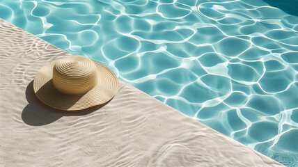 Straw hats, swimming pool, and chairs on sunny days. summer vacation background.