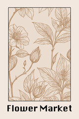 Botanical poster inspired by the flower market. Illustration for wall art, greeting card and invitation. Generated by Ai