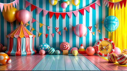 Room filled with lots of colorful balloons and balloons hanging from the ceiling.