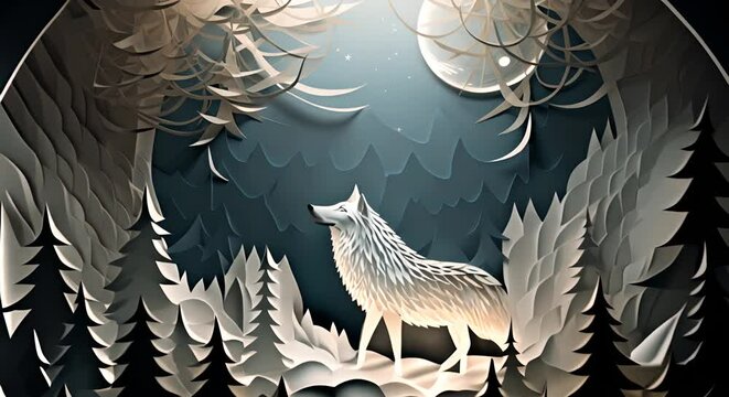 Minimalist paper-cut design of a wolf howling on a moonlit night, realistic 3D landscape,