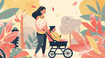 Woman and her cute baby in stroller on color background