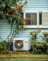 White air conditioner sitting in front of blue house next to tree.