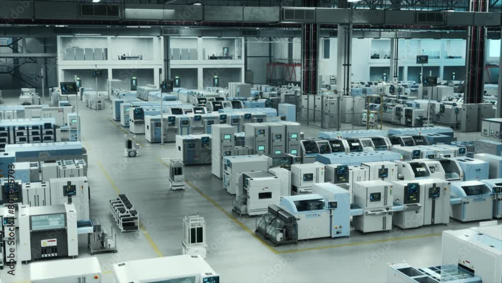 Poster Autonomous Factory With Advanced Robots and Automated Machinery Seamlessly Operating in A High-Tech Manufacturing Environment, Industrial Automation and Innovation. Wide Establishing Shot