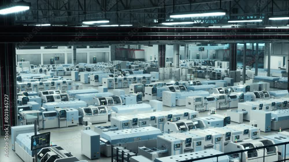 Poster Advanced Robotics and Automation in a High-Tech Factory, Featuring Autonomous Machines and Technology in a Large Industrial Setting. Wide Establishing Shot