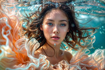 Beautiful young woman floating in the water with her hair blowing in the wind.