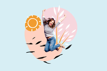 Creative picture collage young jumping happy woman summer environment sunny weather positive mood...