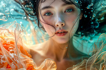 Beautiful young woman under water with bubbles on her head and hair blowing in the wind.