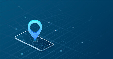 Mobile app for efficient route planning, location search utilizing GPS map integration. Concept direction tracking through GPS. Vector illustration on white background.