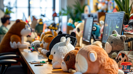 Group of stuffed animals sitting next to each other on wooden table.