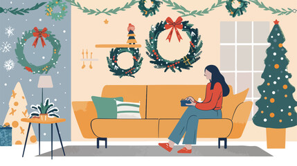 Woman decorating festive living room with Christmas white