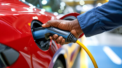 A man is plugging in electric car into a charging station. Charge EV battery at charging point. Sustainable energy. Electric vehicle infrastructure for green transportation. Zero-emission mobility.