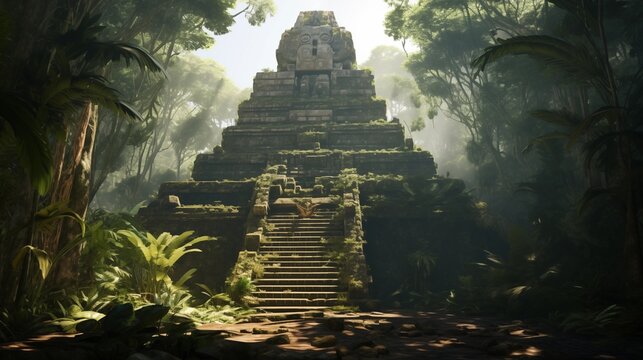 Mayan pyramid in jungle forest illustration, ancient civilization stone temple view, old archeology.