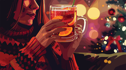 Woman drinking tasty mulled wine at home closeup vector