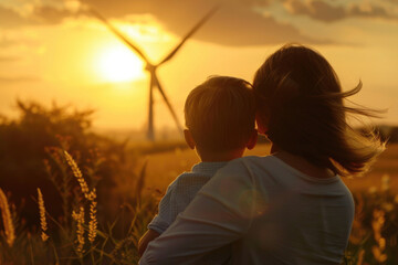 A mother standing with her child on a mountaintop, watching wind turbines at a wind farm in the distance under the setting sun.

