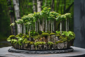 Exquisite bonsai tree arrangement with moss and rocks, set against a serene backdrop.