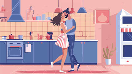 Happy dancing young couple in kitchen Vector illustration