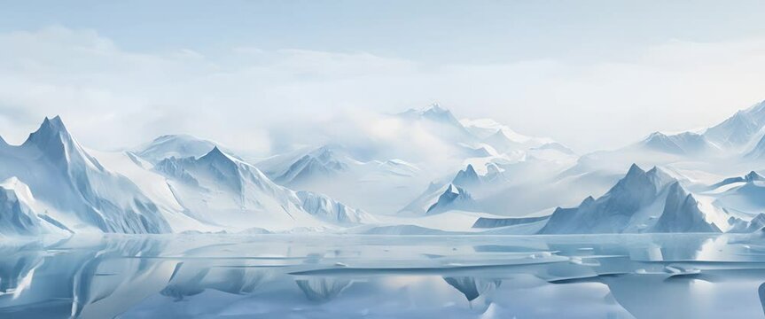 Minimalist 3D-rendered paper-cut of disappearing glaciers, highlighting climate change, blurred icy background,